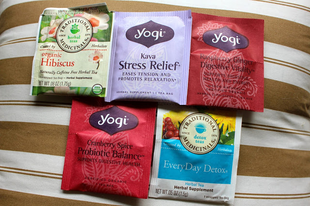 my favorite teas hibiscus, kava stress relief, raspberry ginger digestive vitality, cranberry probiotic tea and everyday detox tea